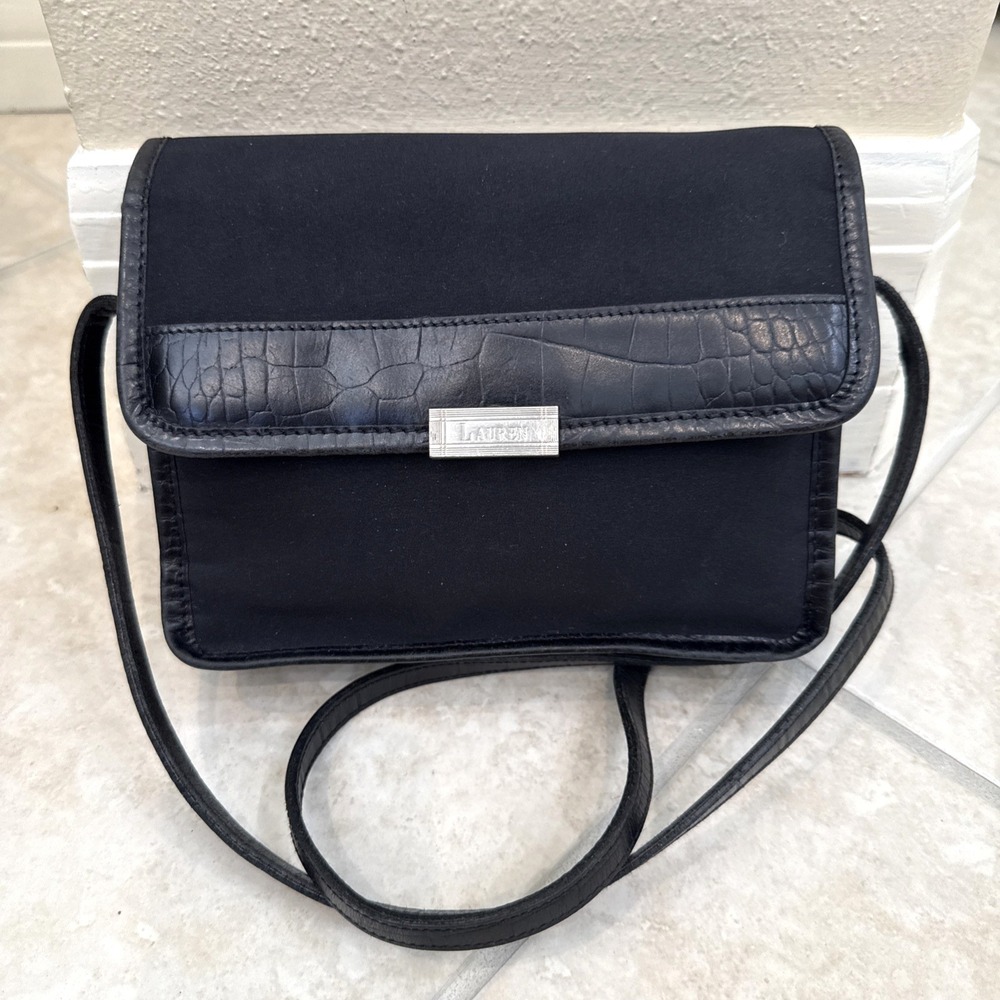 Vtg Lauren Ralph Lauren Nylon Black Leather Trim Purse Crossbody Preppy 8x6x2‎